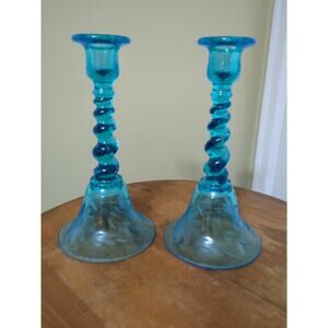 Blue Etched Vintage Tiffin 315 Tall Candlestick Pair